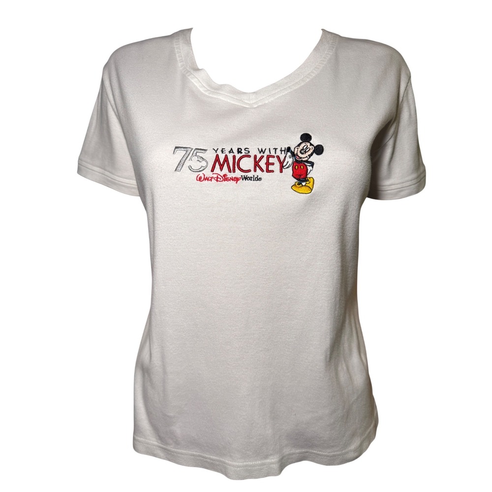 Vintage 2003 Walt Disney World 75 Years With Mickey V-Neck T-Shirt White Medium